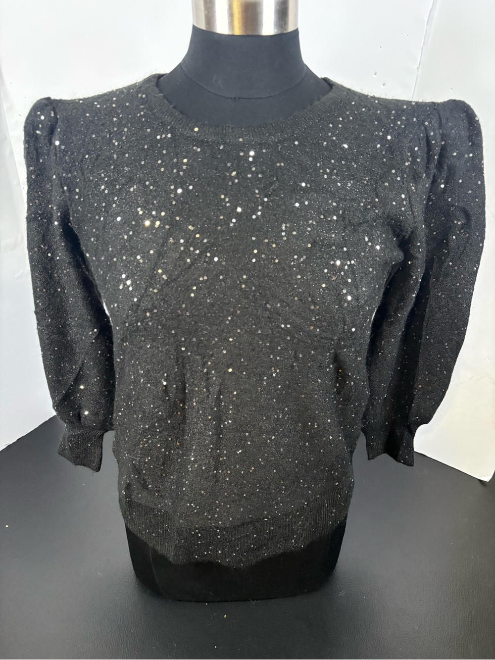 Karl Lagerfeld Black Sequin Puff-Sleeve Knit Top